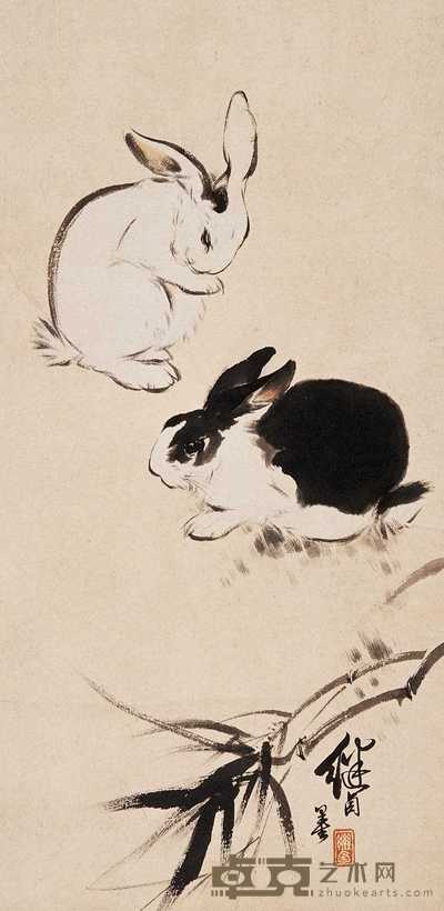 刘继卣 双兔 立轴 62×31cm